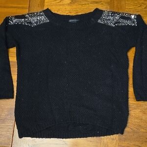 Black Sweater with Rhinestone Embellished Shoulders